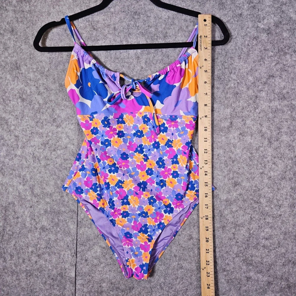 Roxy Girls Purple Floral One Piece Swimsuit Tie Front Ruched Beachwear Small